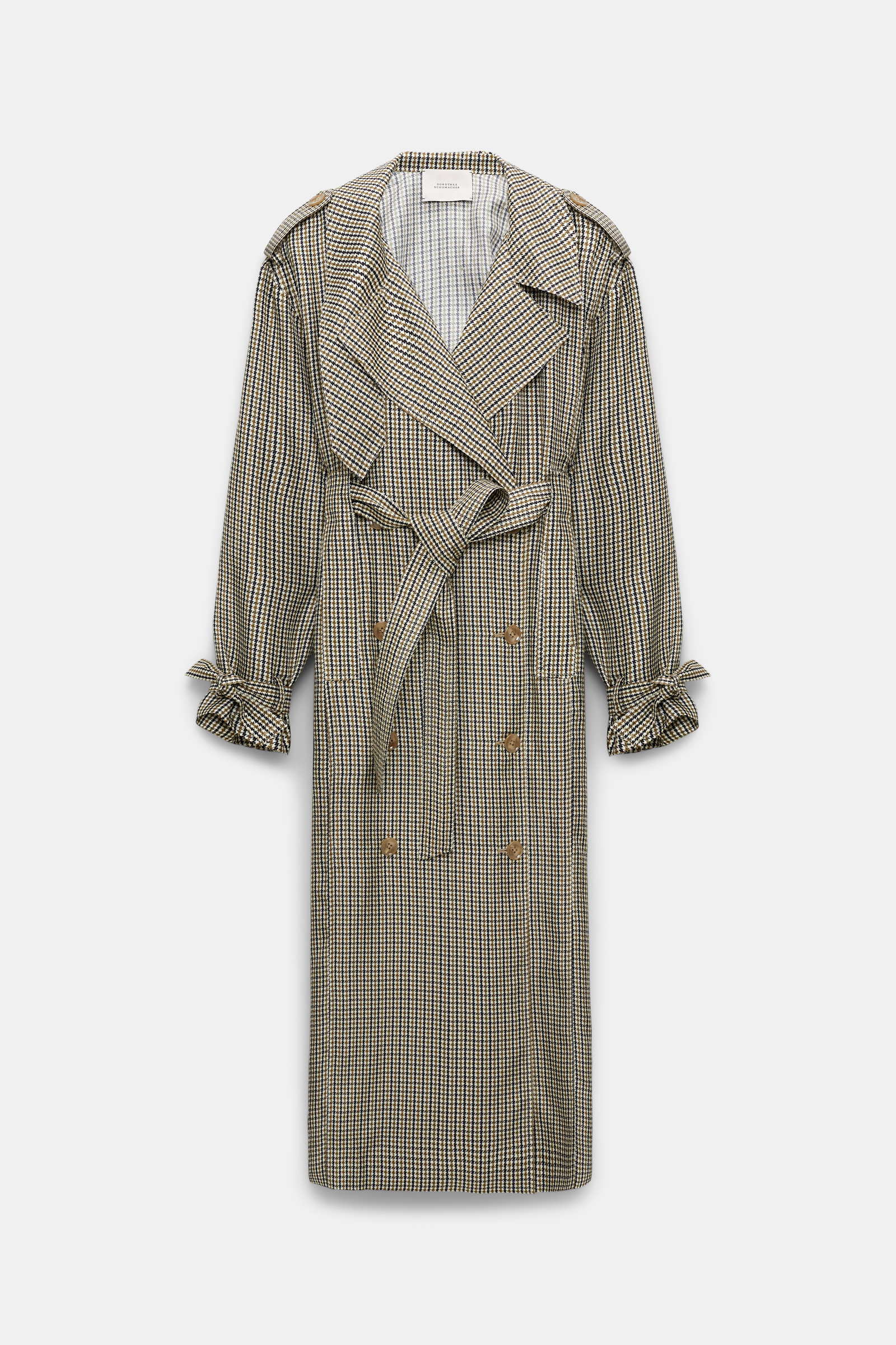 Dorothee Schumacher Double-breasted trench coat dress in printed silk twill pepita mix khaki