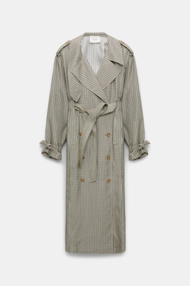 Dorothee Schumacher Double-breasted trench coat dress in printed silk twill pepita mix khaki