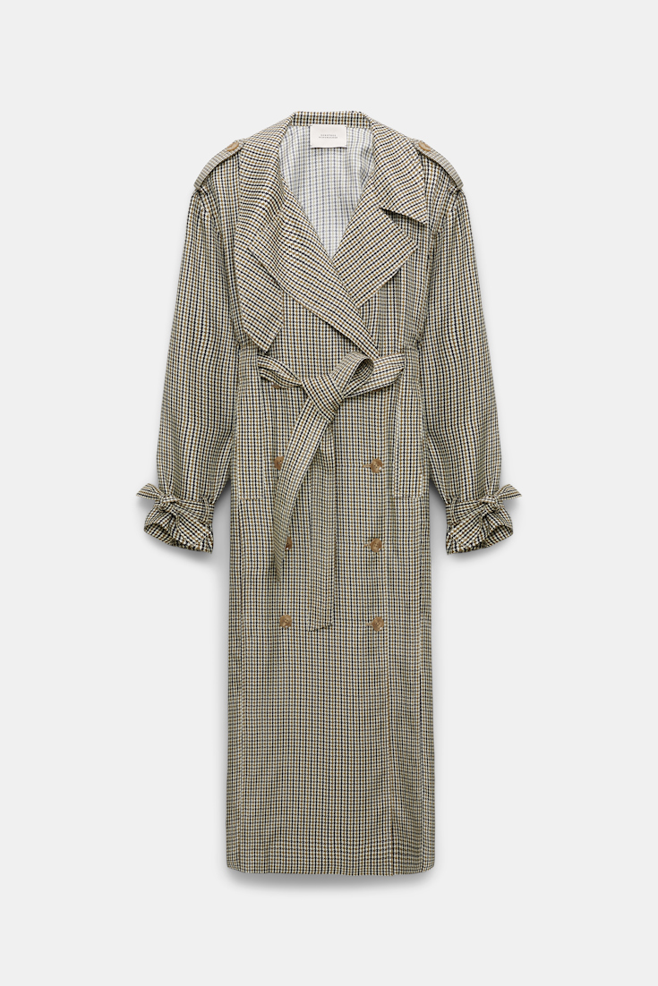 Dorothee Schumacher Double-breasted trench coat dress in printed silk twill pepita mix khaki