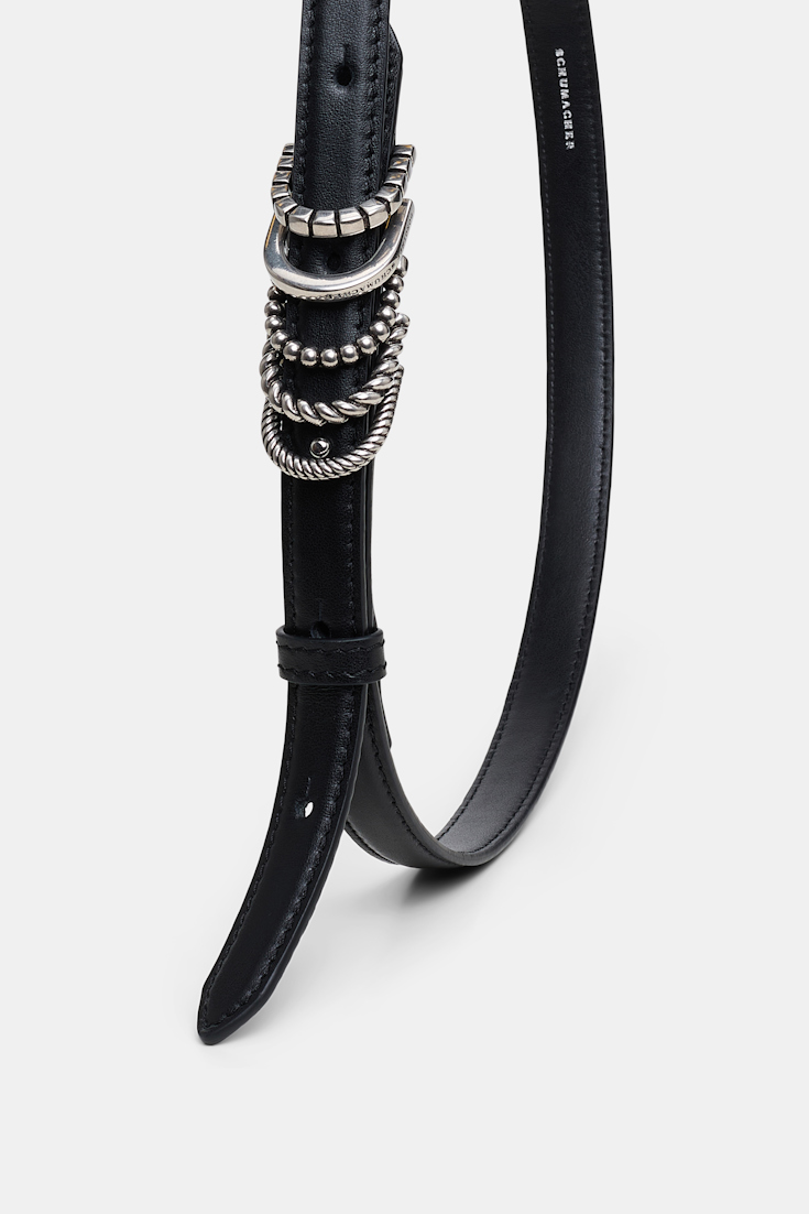 Dorothee Schumacher Schmaler Gürtel aus weichem Kalbsleder mit D-Rings black with silver