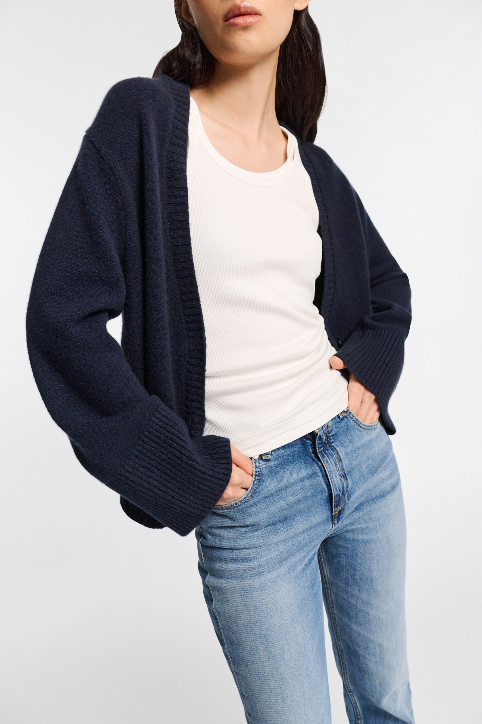 Dorothee Schumacher Soft cashmere-blend round neck cardigan dark navy