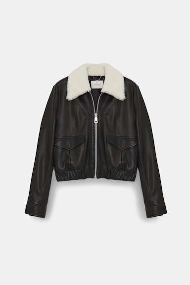 Dorothee Schumacher Leather jacket with shearling collar pure black